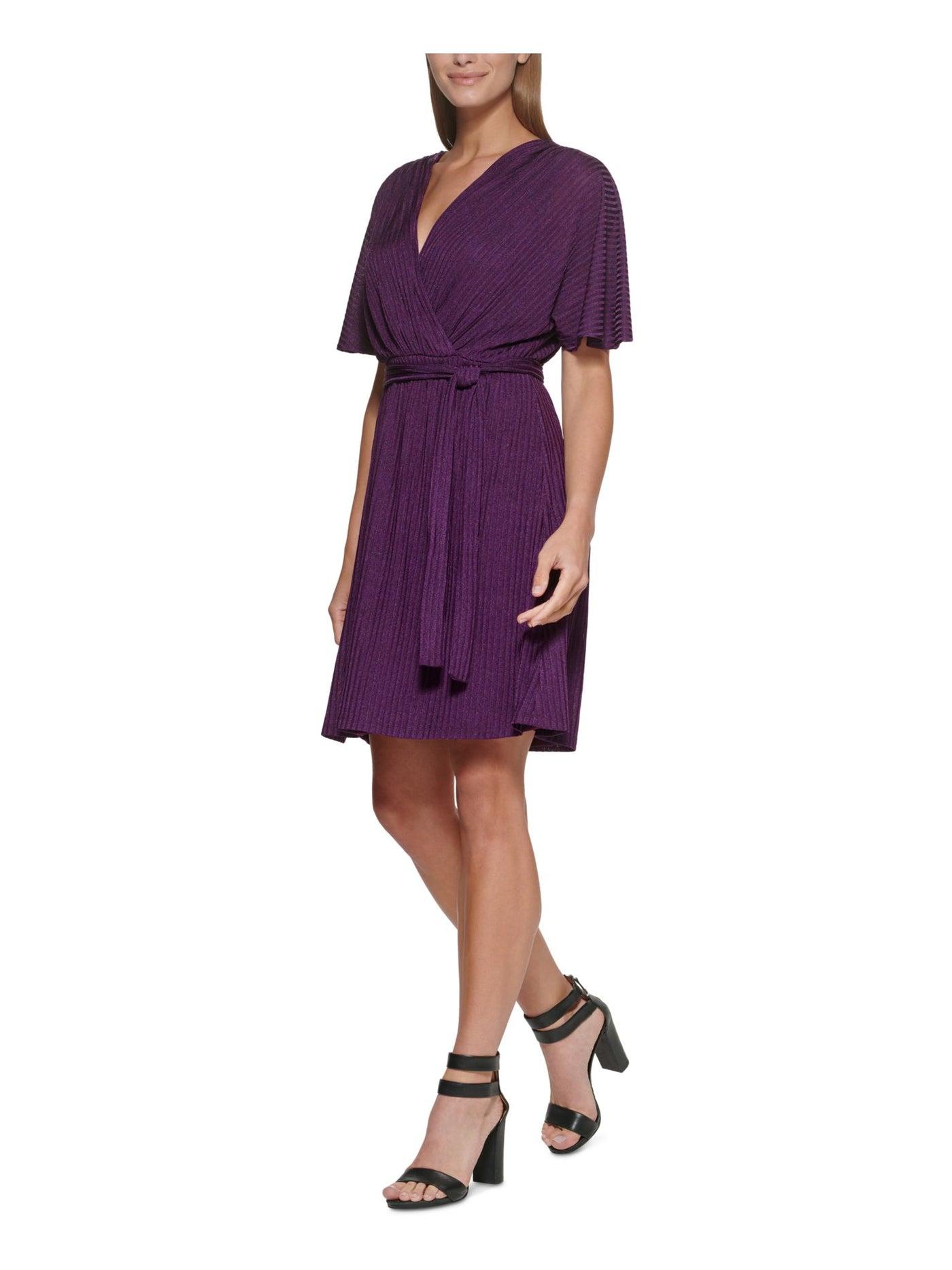 DKNY Womens Purple Stretch Zippered Belted Lined Short Sleeve Surplice Neckline Above The Knee Wear To Work Sheath Dress 6