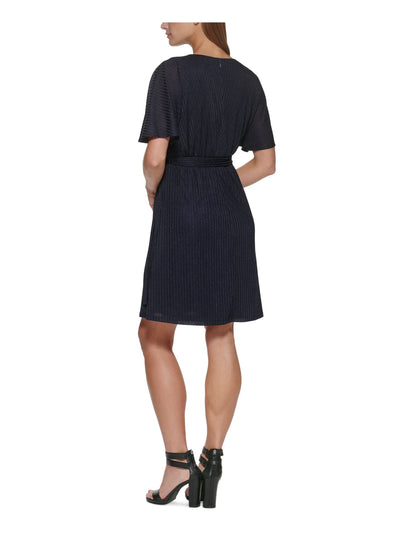 DKNY Womens Navy Stretch Zippered Belted Lined Short Sleeve Surplice Neckline Above The Knee Wear To Work Sheath Dress 4