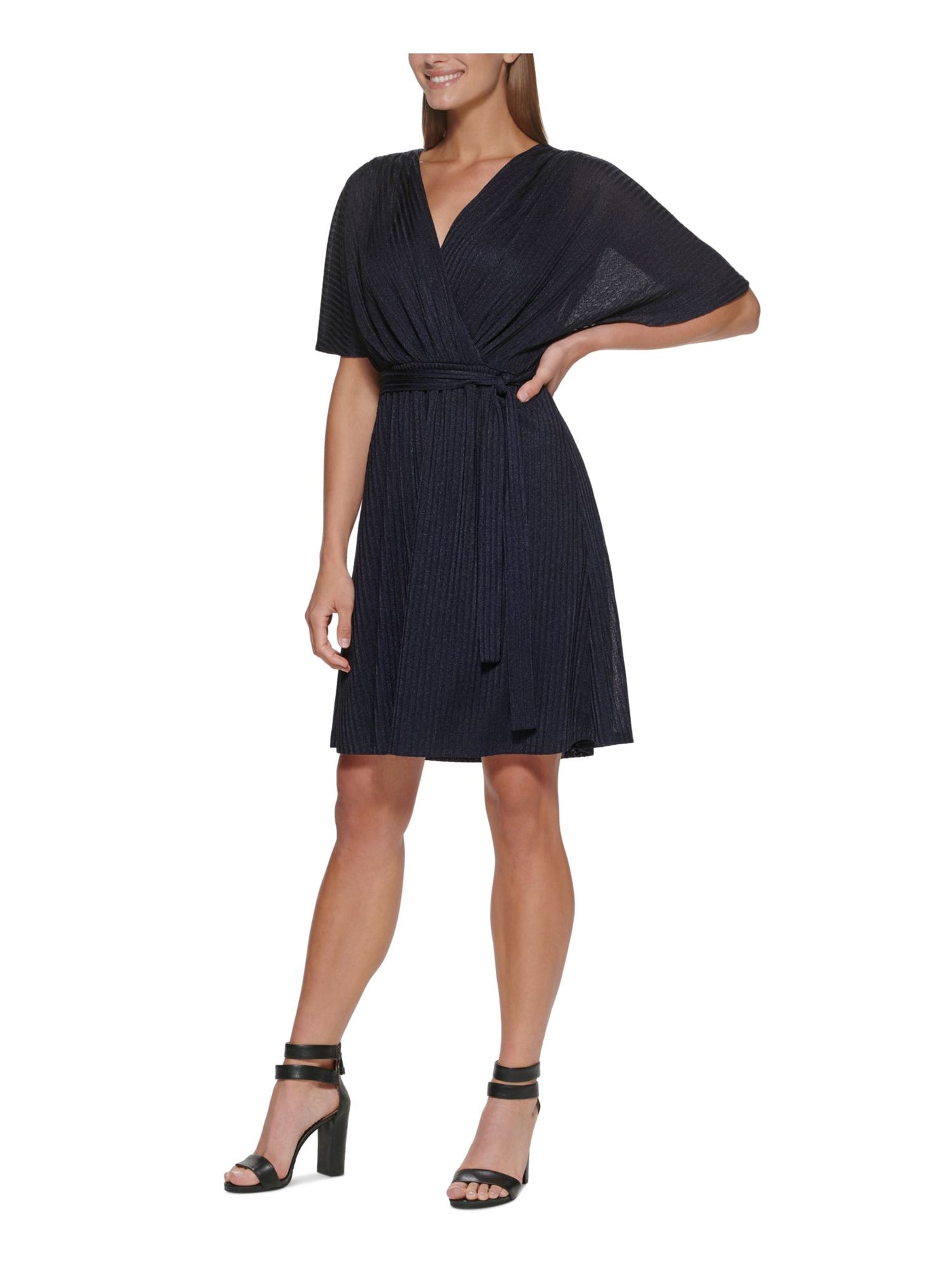 DKNY Womens Navy Stretch Zippered Belted Lined Short Sleeve Surplice Neckline Above The Knee Wear To Work Sheath Dress 4