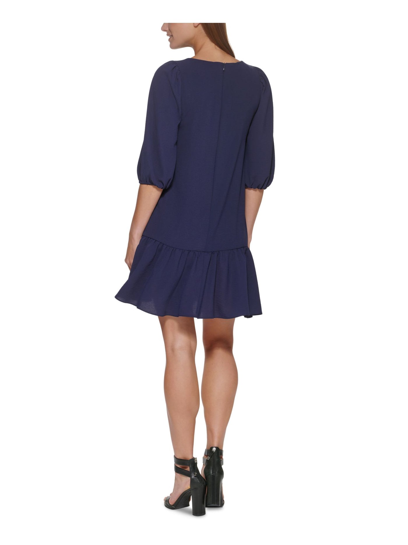 DKNY Womens Stretch Textured Zippered Ruffled Hem Unlined Blouson Sleeve Jewel Neck Above The Knee Trapeze Dress