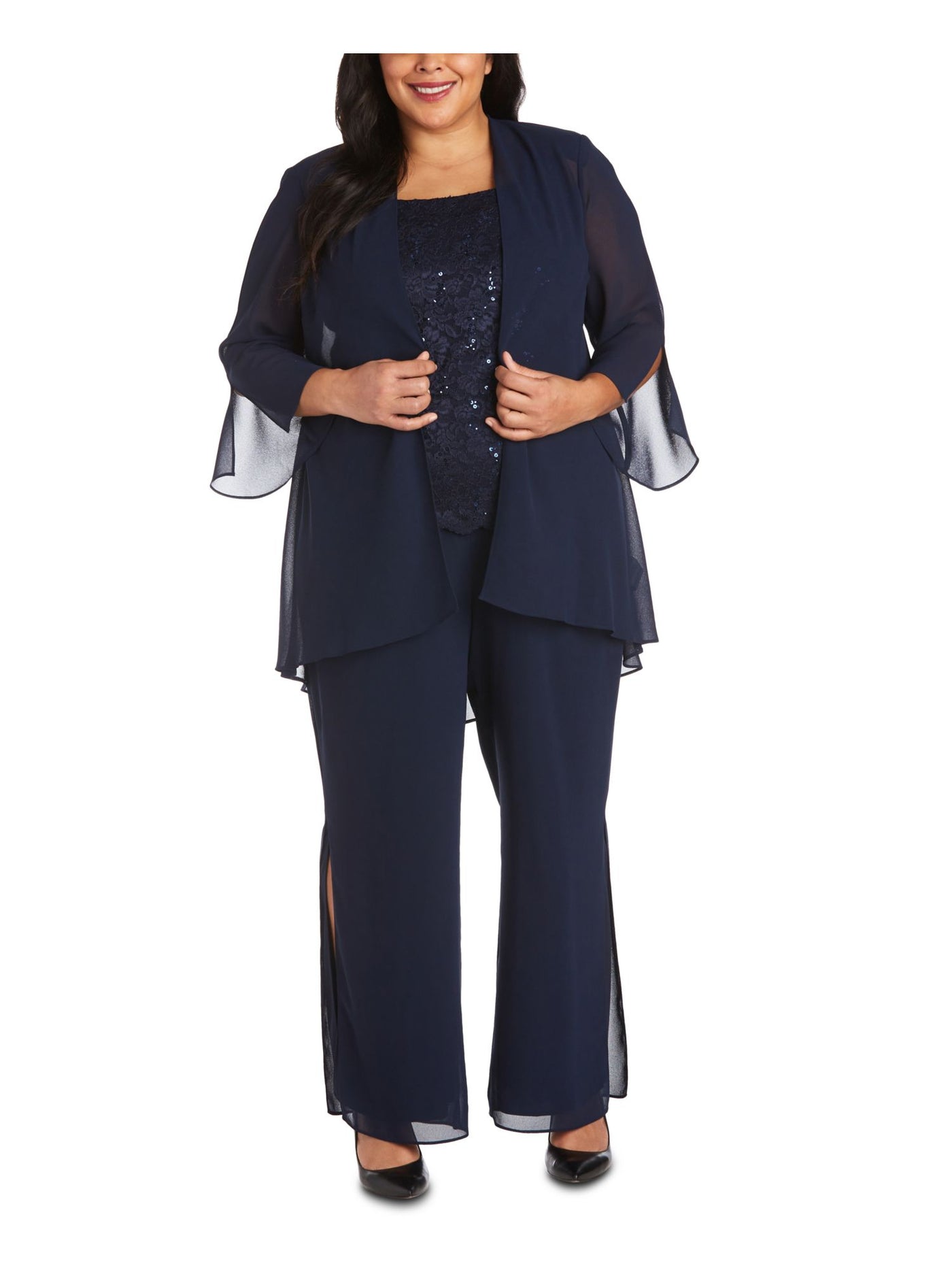 R&M RICHARDS Womens Navy Open Front Sheer Slitted Long Sleeve Shoulder Pad Jacket Plus 14W
