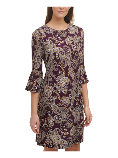 TOMMY HILFIGER Womens Purple Stretch Zippered Paisley Bell Sleeve Crew Neck Above The Knee Wear To Work Fit + Flare Dress 2