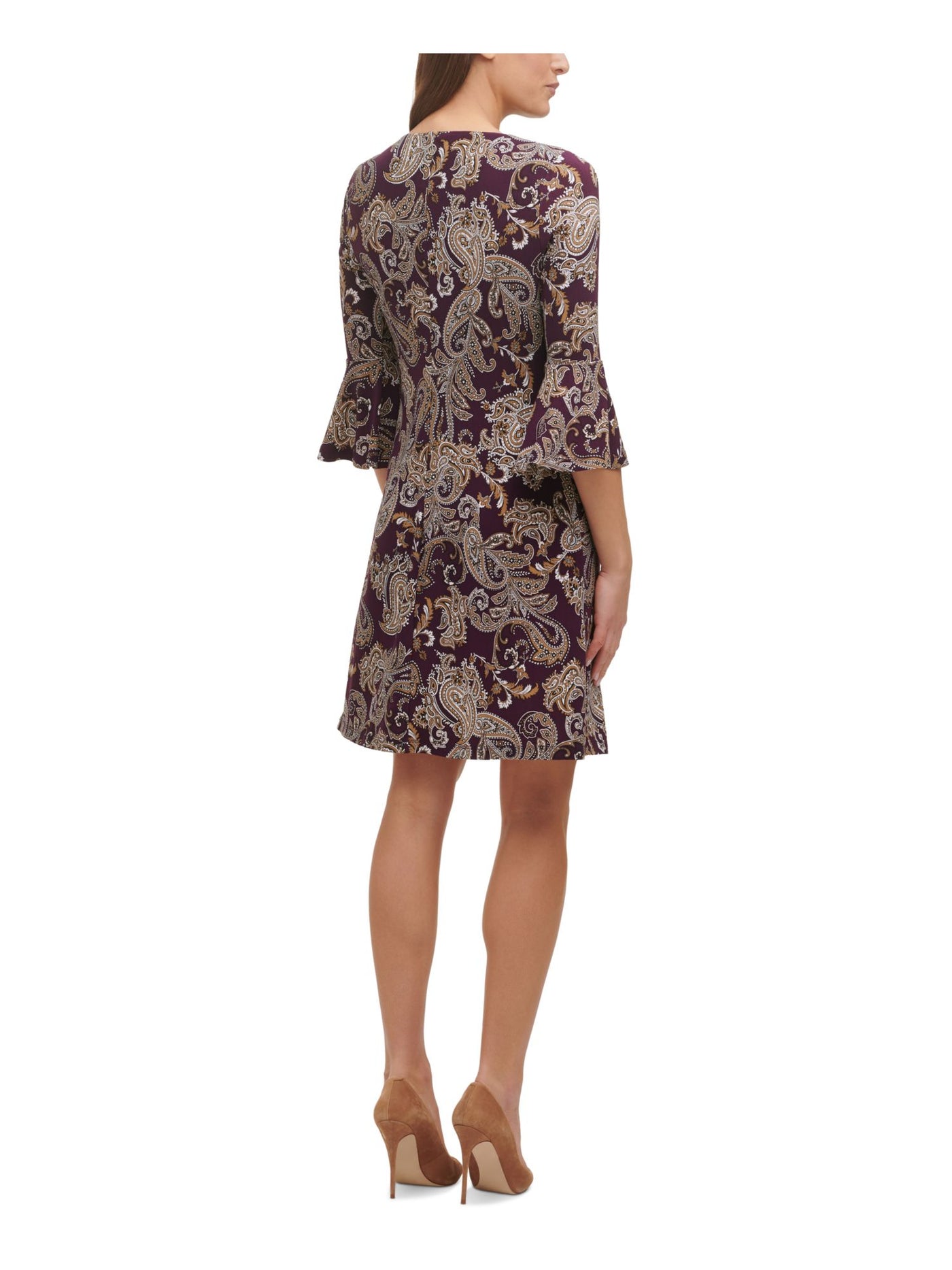 TOMMY HILFIGER Womens Purple Stretch Paisley Bell Sleeve Round Neck Above The Knee Cocktail Shift Dress Petites 0P