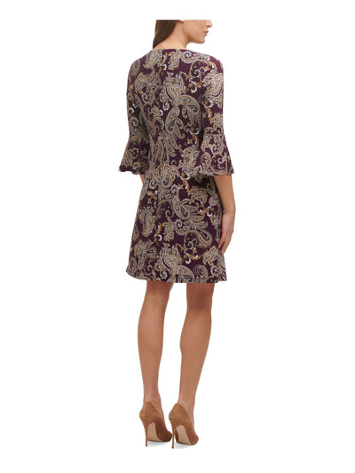 TOMMY HILFIGER Womens Purple Stretch Paisley Bell Sleeve Round Neck Above The Knee Cocktail Shift Dress Petites 2P