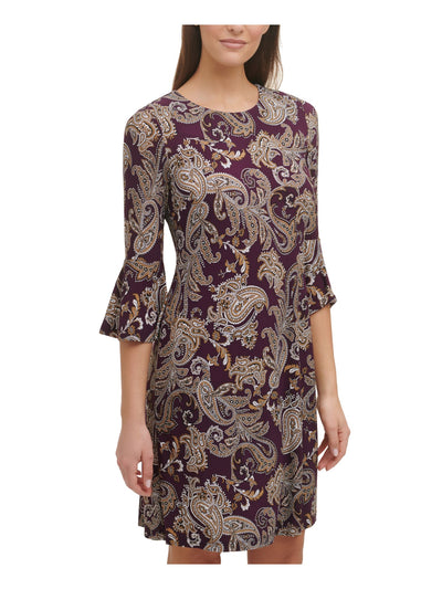 TOMMY HILFIGER Womens Purple Stretch Paisley Bell Sleeve Round Neck Above The Knee Cocktail Shift Dress Petites 8P