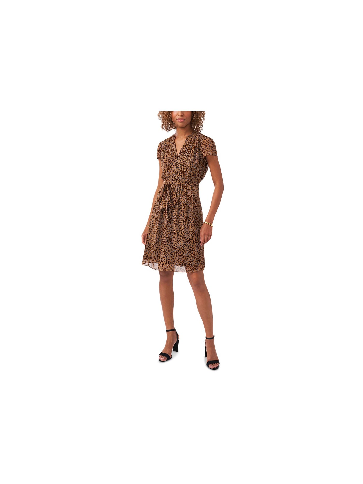 MSK PETITES Womens Brown Pleated Self Tie Belt Button Front Animal Print Short Sleeve V Neck Above The Knee Cocktail Shift Dress Petites 16P