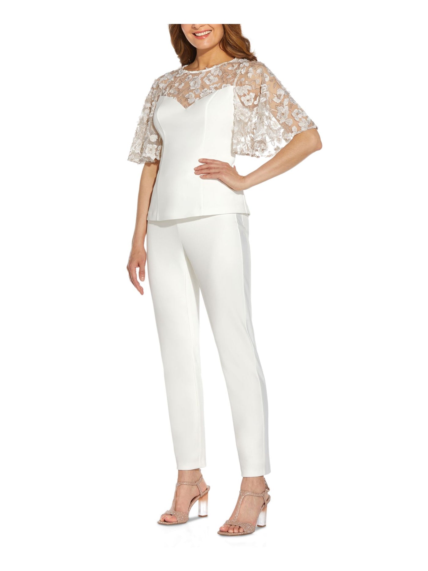 ADRIANNA PAPELL Womens White Zippered 3d Embroidered Illusion Mesh Flutter Sleeve Boat Neck Evening Top 8
