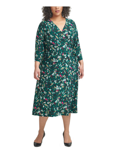 TOMMY HILFIGER Womens Green Stretch Zippered Floral 3/4 Sleeve Surplice Neckline Midi Shift Dress Plus 20W