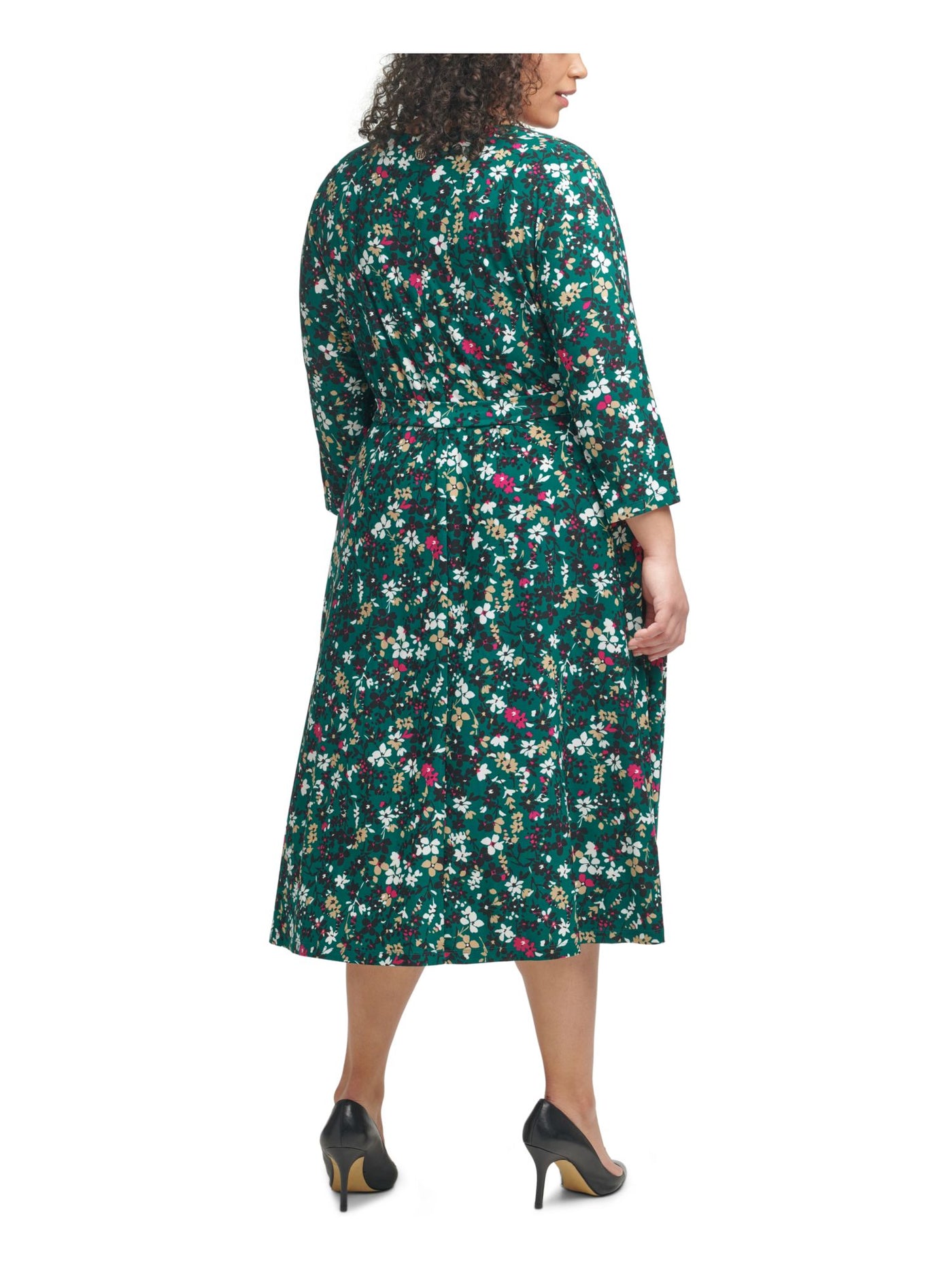 TOMMY HILFIGER Womens Green Stretch Zippered Floral 3/4 Sleeve Surplice Neckline Midi Shift Dress Plus 20W