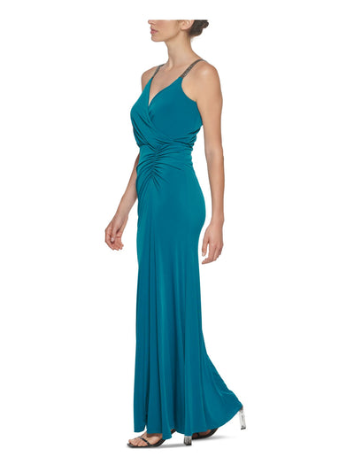 CALVIN KLEIN Womens Teal Stretch Ruched Zippered Embellished Straps Jersey-knit Spaghetti Strap Surplice Neckline Full-Length Cocktail Gown Dress 4