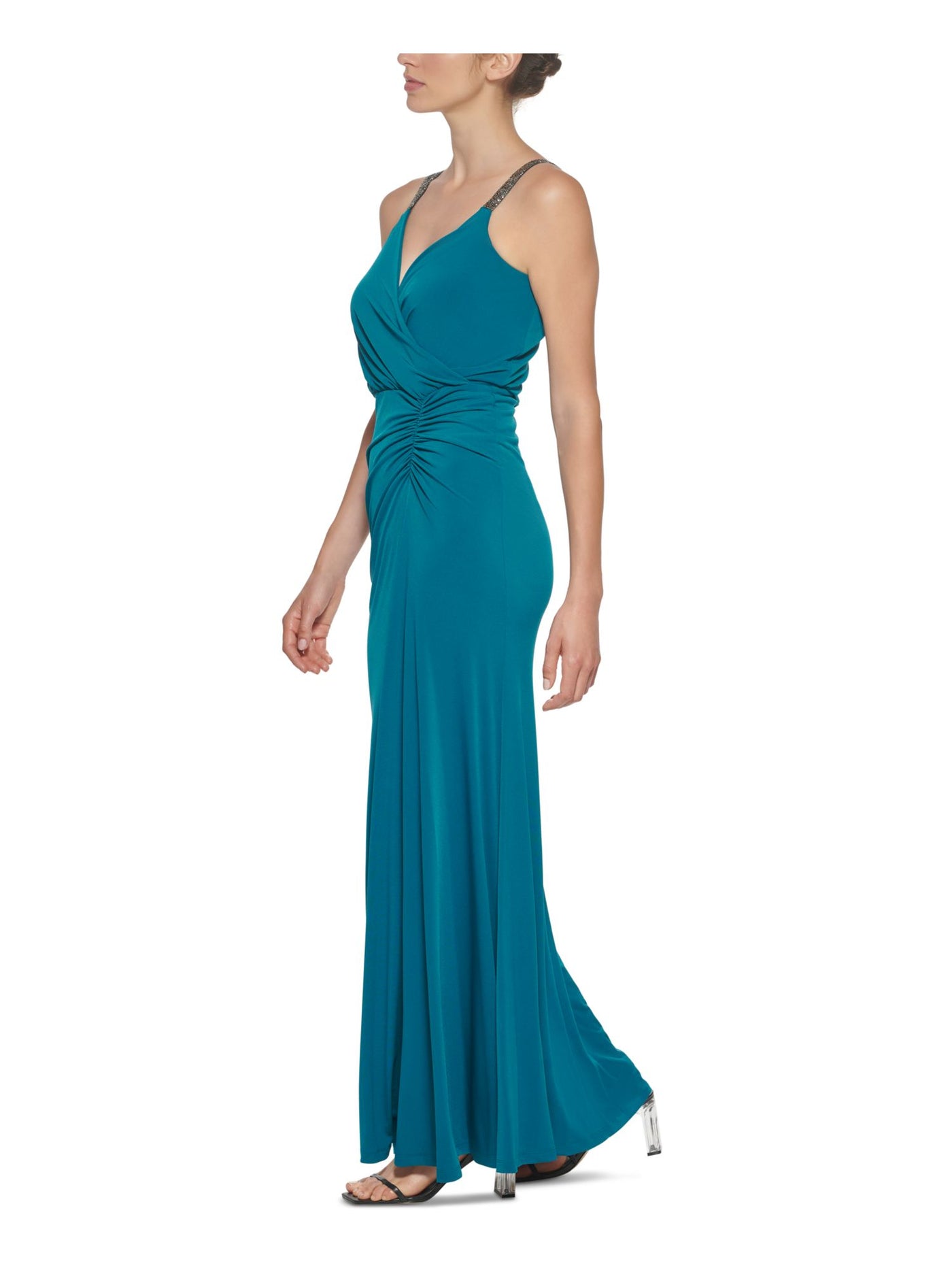 CALVIN KLEIN Womens Teal Stretch Ruched Zippered Embellished Straps Jersey-knit Spaghetti Strap Surplice Neckline Full-Length Cocktail Gown Dress 10