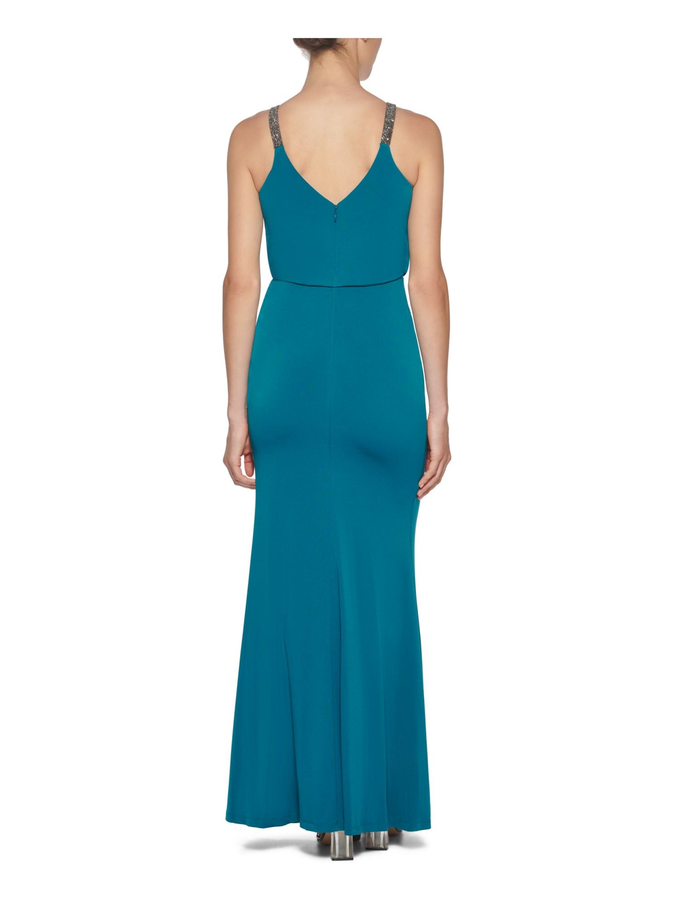 CALVIN KLEIN Womens Teal Stretch Ruched Zippered Embellished Straps Jersey-knit Spaghetti Strap Surplice Neckline Full-Length Cocktail Gown Dress 10