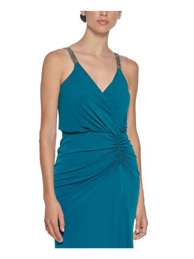 CALVIN KLEIN Womens Teal Stretch Ruched Zippered Embellished Straps Jersey-knit Spaghetti Strap Surplice Neckline Full-Length Cocktail Gown Dress 4