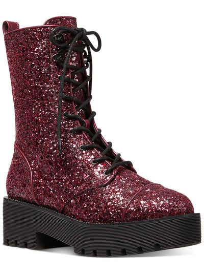 MICHAEL MICHAEL KORS Womens Burgundy Mixed Media Lace Up 1" Platform Padded Lug Sole Glitter Bryce Round Toe Zip-Up Combat Boots 7.5 M