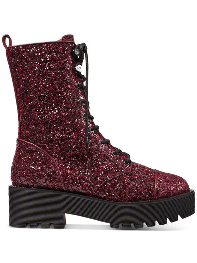 MICHAEL MICHAEL KORS Womens Burgundy Mixed Media Lace Up 1" Platform Padded Lug Sole Glitter Bryce Round Toe Zip-Up Combat Boots 7.5 M