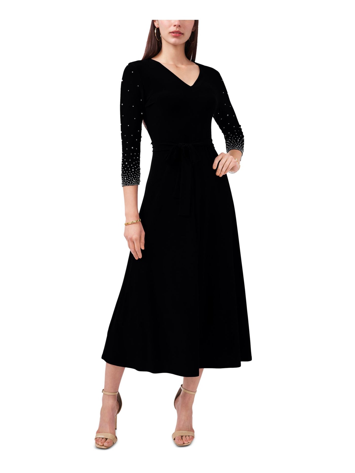MSK PETITES Womens Black Embellished Belted Pullover 3/4 Sleeve V Neck Midi Party Fit + Flare Dress Petites PM