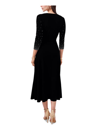 MSK PETITES Womens Black Embellished Belted Pullover 3/4 Sleeve V Neck Midi Party Fit + Flare Dress Petites PL