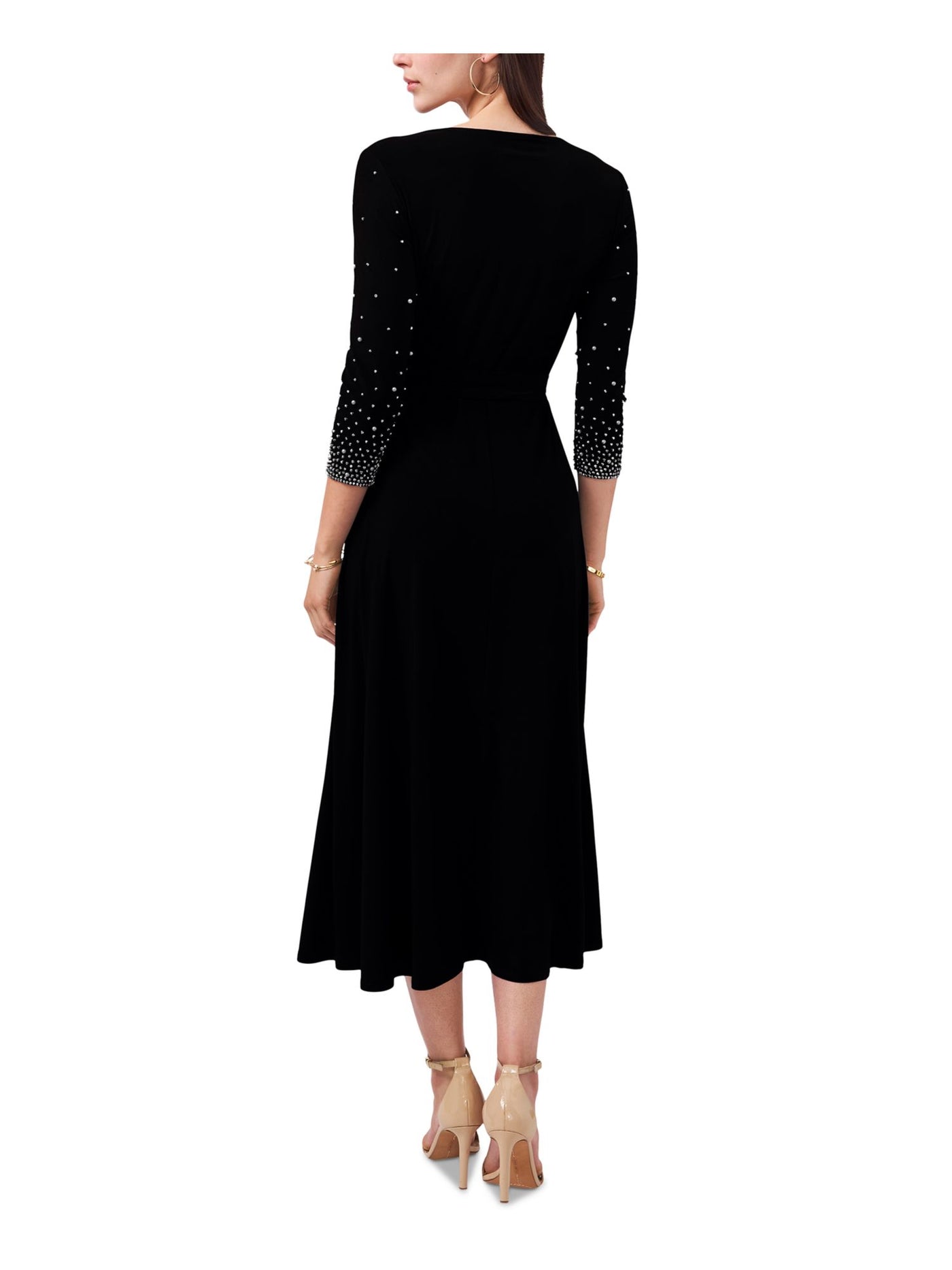 MSK PETITES Womens Black Embellished Belted Pullover 3/4 Sleeve V Neck Midi Party Fit + Flare Dress Petites PM
