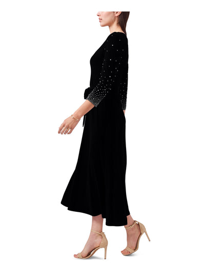 MSK PETITES Womens Black Embellished Belted Pullover 3/4 Sleeve V Neck Midi Party Fit + Flare Dress Petites PXL