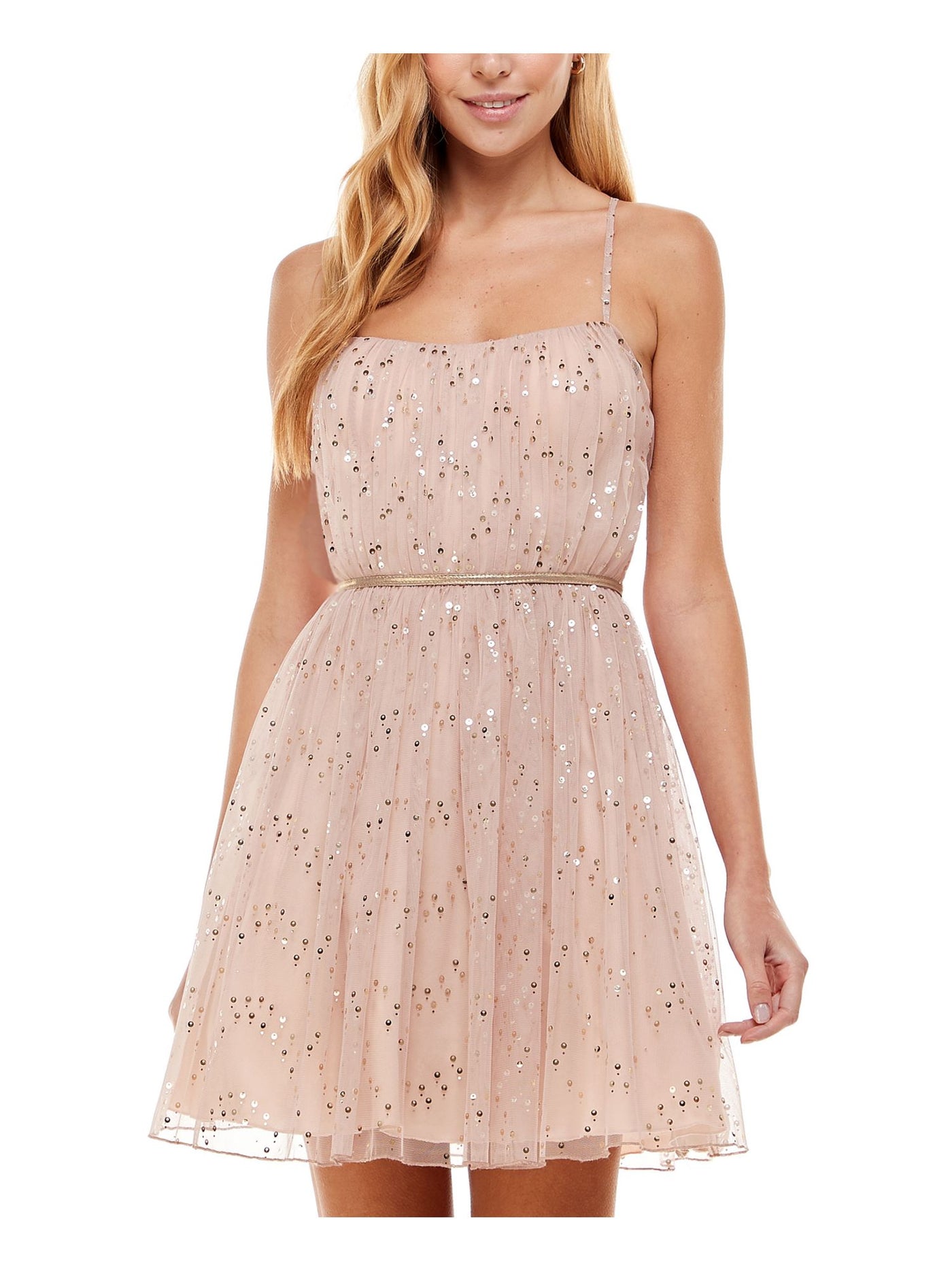 CITY STUDIO Womens Beige Sequined Zippered Lined Shirred-bodice Spaghetti Strap Square Neck Short Prom Fit + Flare Dress 13