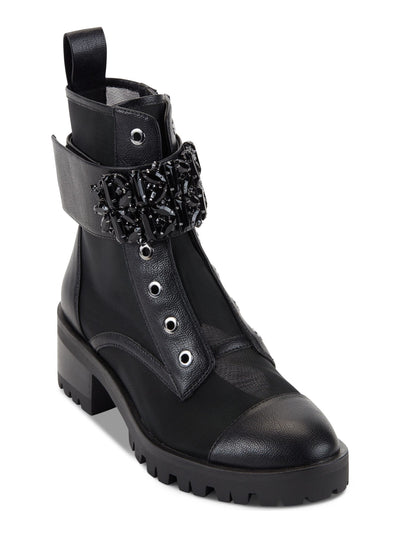 KARL LAGERFELD PARIS Womens Black Embellished Ankle Strap Eyelets Lug Sole Cushioned Pippa Round Toe Block Heel Zip-Up Leather Combat Boots 7 M