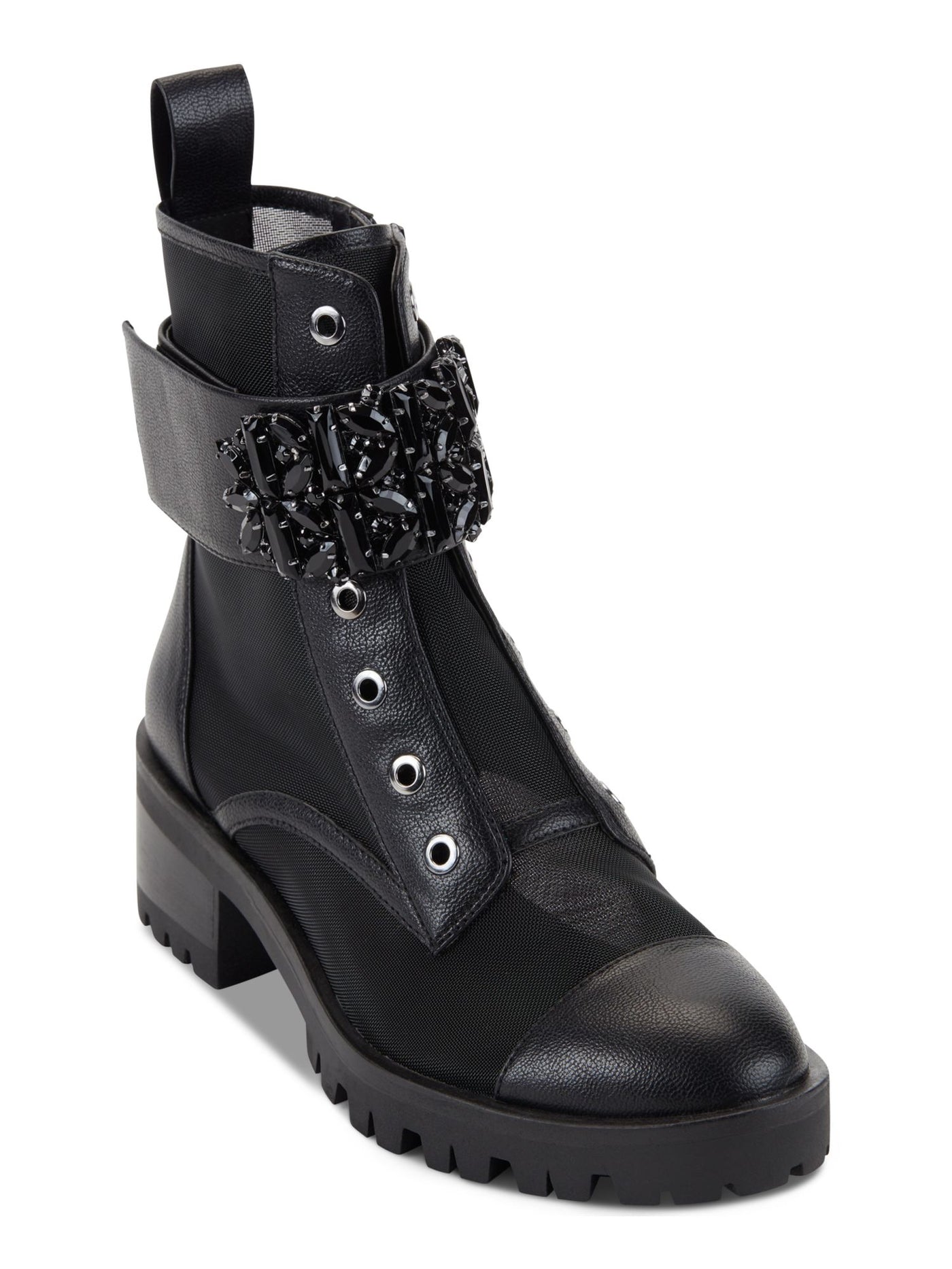 KARL LAGERFELD PARIS Womens Black Embellished Ankle Strap Eyelets Lug Sole Cushioned Pippa Round Toe Block Heel Zip-Up Leather Combat Boots 8.5 M