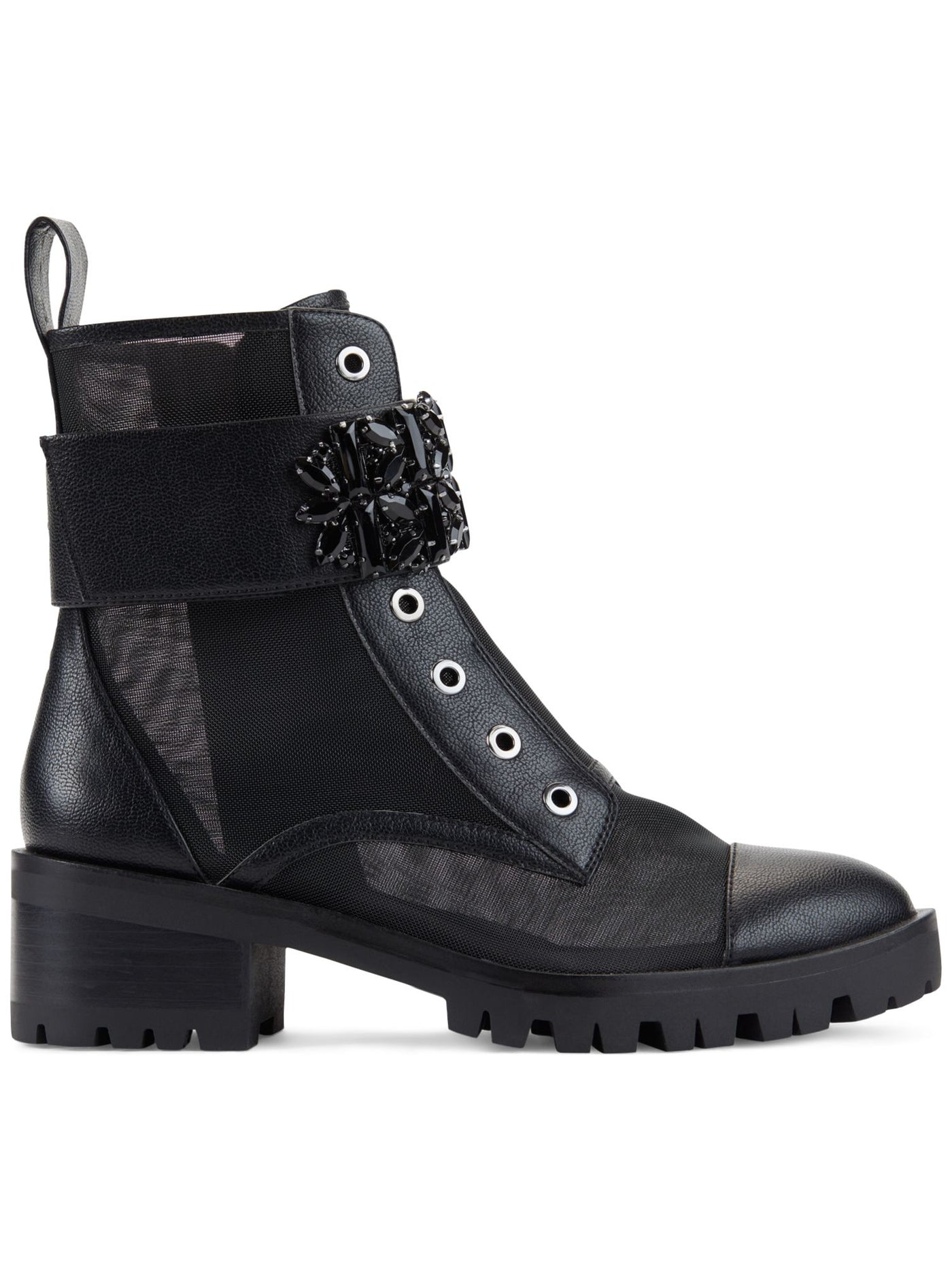KARL LAGERFELD PARIS Womens Black Embellished Ankle Strap Eyelets Lug Sole Cushioned Pippa Round Toe Block Heel Zip-Up Combat Boots 9.5 M