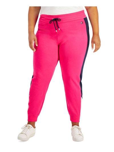 TOMMY HILFIGER SPORT Womens Pink Stretch Tie Ribbed Joggers Color Block Active Wear Pants Plus 0X