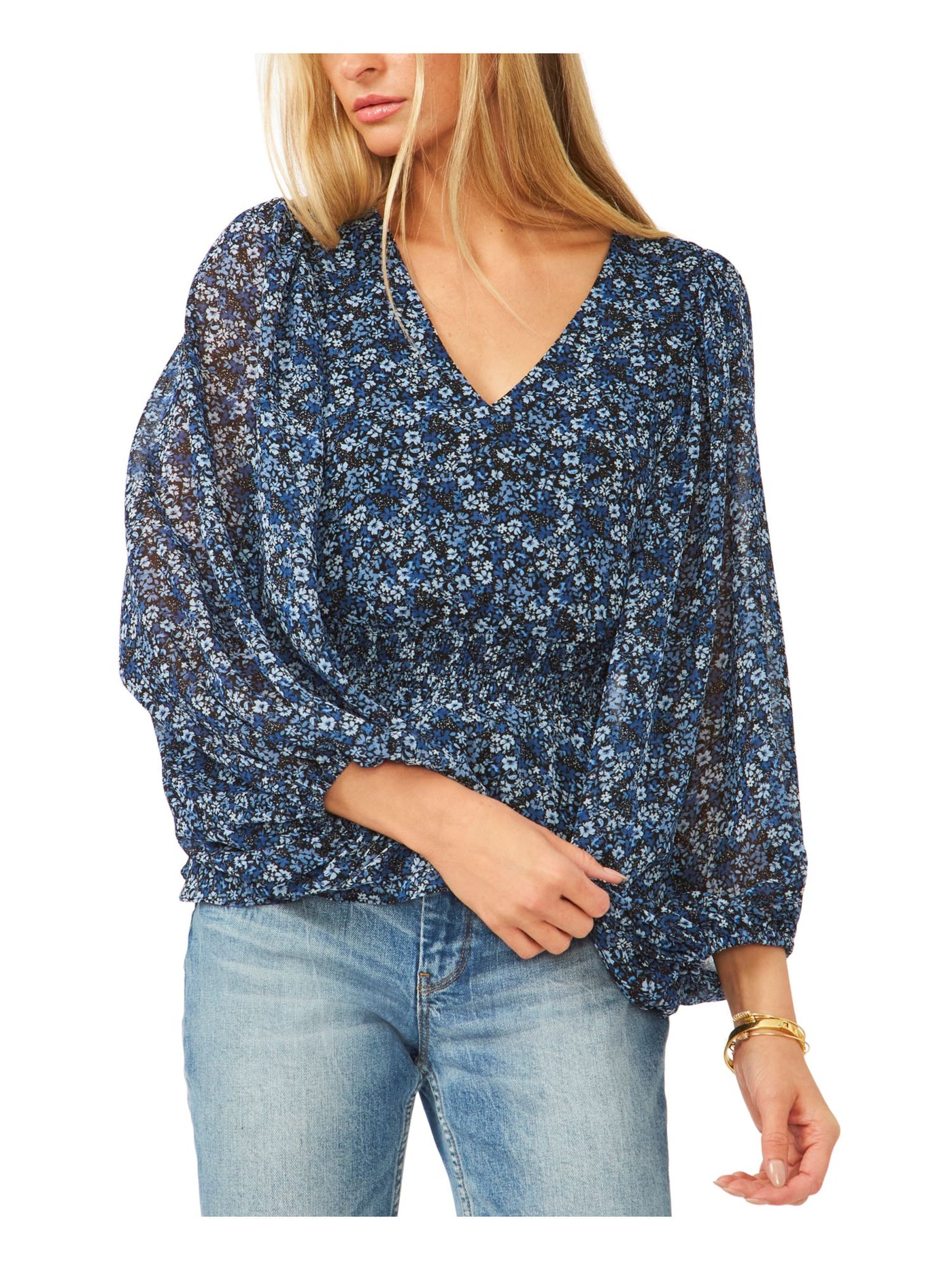 VINCE CAMUTO Womens Blue Smocked Lined Floral Balloon Sleeve V Neck Sweater XS