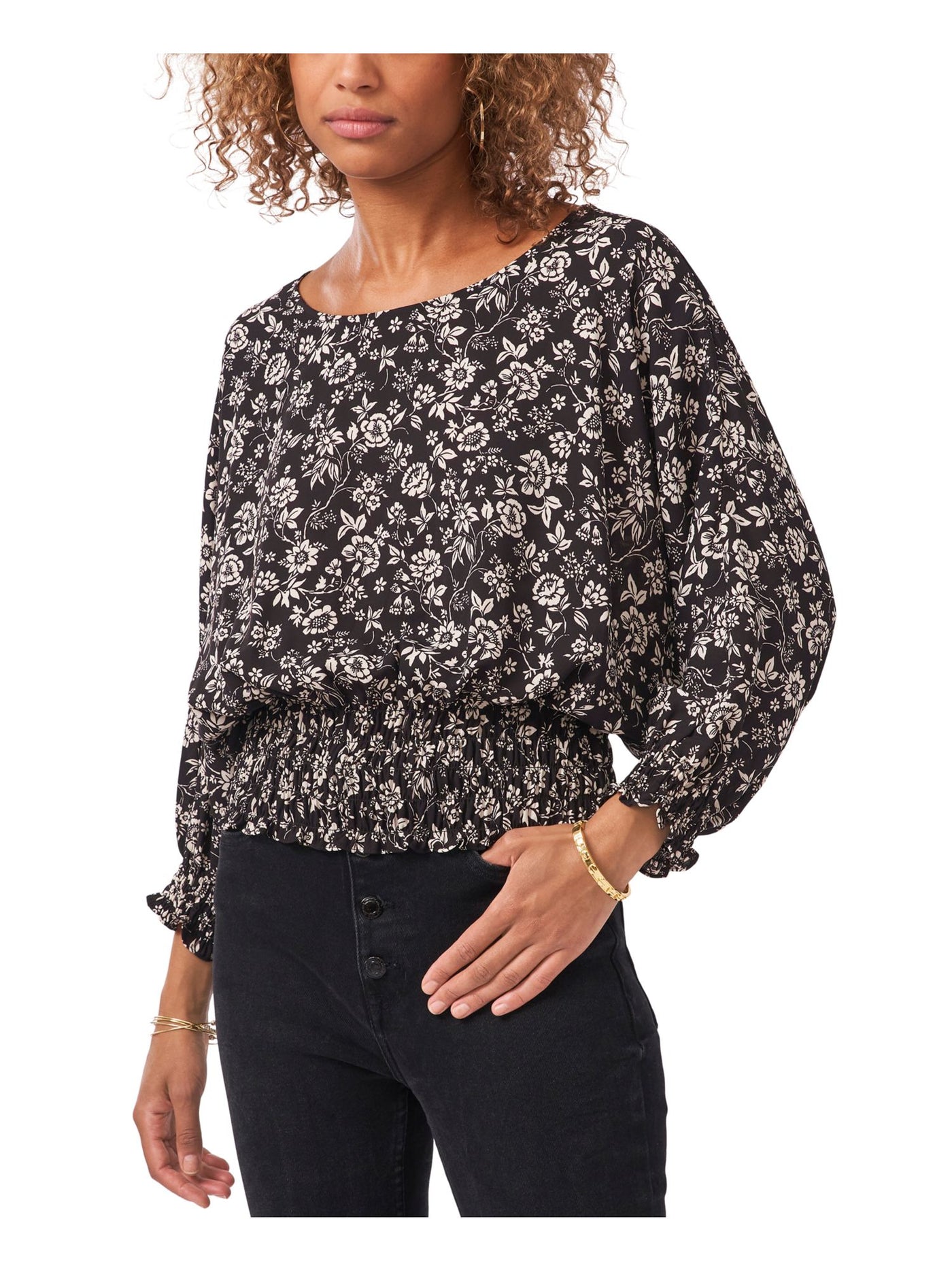 VINCE CAMUTO Womens Black Smocked Pullover Floral 3/4 Sleeve Boat Neck Wear To Work Top XS