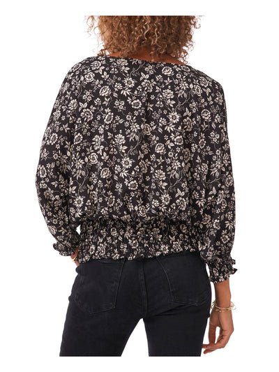 VINCE CAMUTO Womens Black Smocked Pullover Floral 3/4 Sleeve Boat Neck Wear To Work Top XS