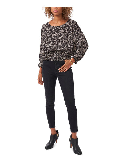 VINCE CAMUTO Womens Black Smocked Pullover Floral 3/4 Sleeve Boat Neck Wear To Work Top S
