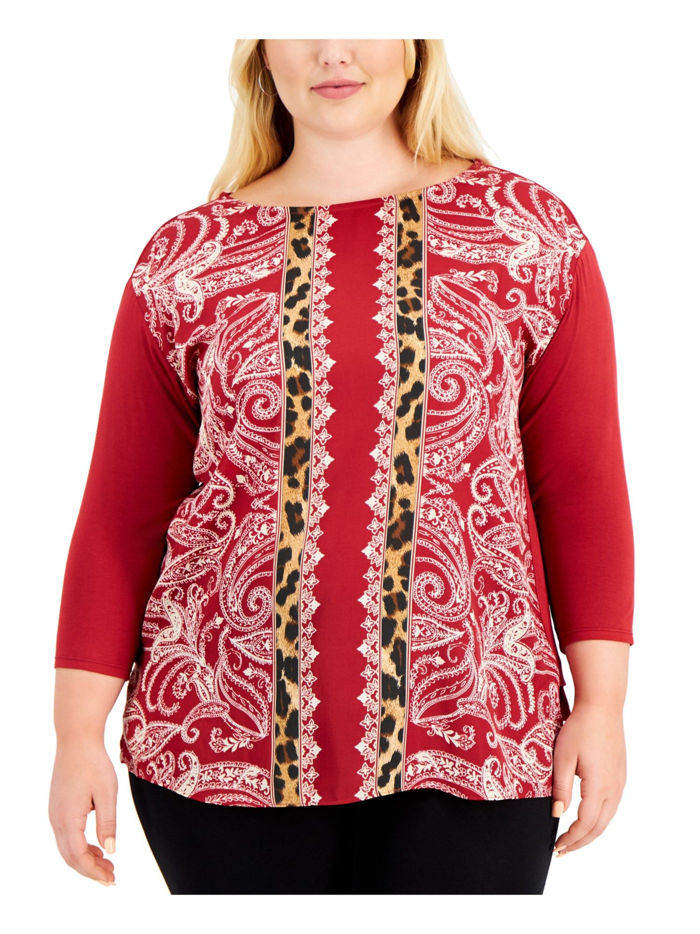 JM COLLECTION Womens Red Printed 3/4 Sleeve Boat Neck Top Plus 2X