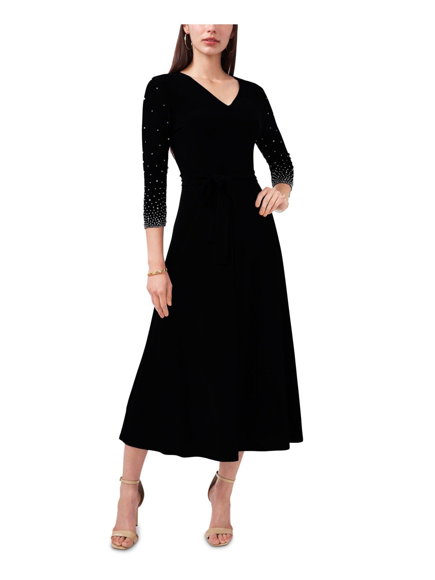 MSK Womens Black Stretch Beaded Belted Jersey Knit Pullover Unlined 3/4 Sleeve V Neck Midi Fit + Flare Dress L