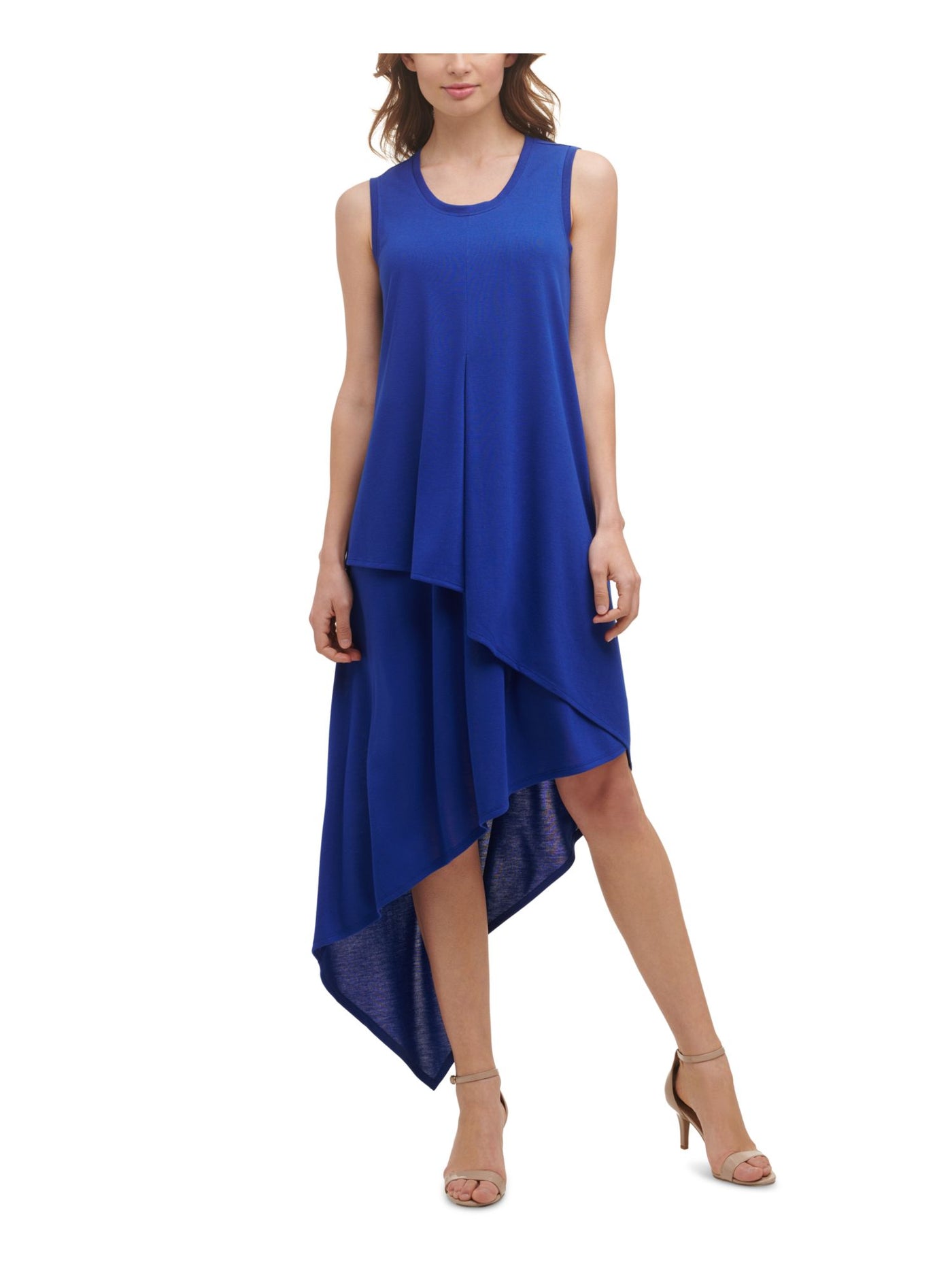 KENSIE Womens Blue Jersey Pleated Pullover Styling Unlined Sleeveless Jewel Neck Maxi Evening Hi-Lo Dress L