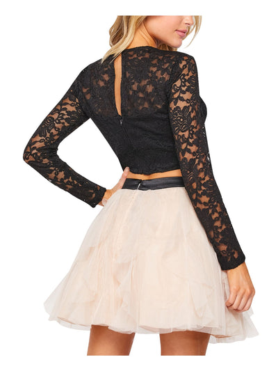 TEEZE ME Womens Black Lace Glitter Lined Color Block Long Sleeve Jewel Neck Short Prom Fit + Flare Dress 5\6