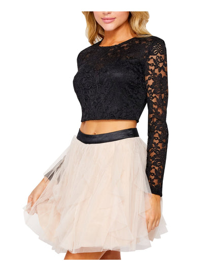 TEEZE ME Womens Black Lace Glitter Lined Color Block Long Sleeve Jewel Neck Short Prom Fit + Flare Dress 5\6