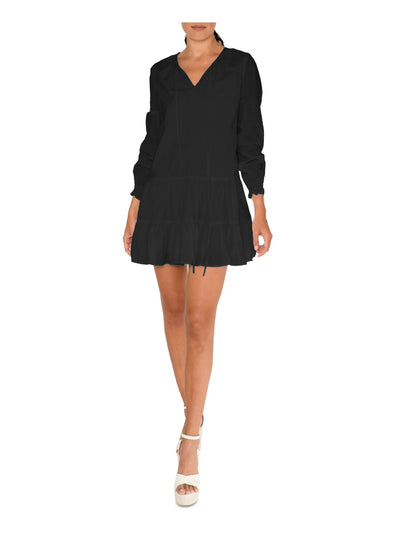 NICOLE MILLER Womens Smocked Tiered Tie At Neck Lined Long Sleeve Split Mini Cocktail Shift Dress