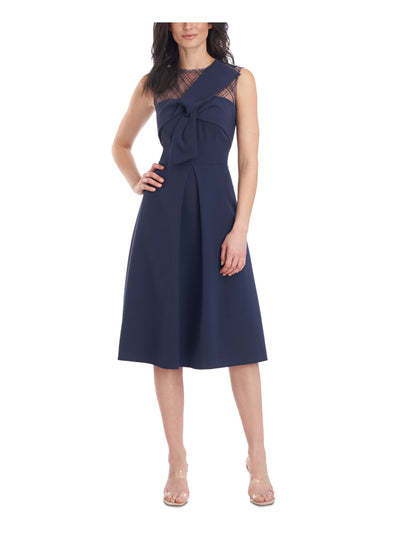 JS COLLECTIONS Womens Navy Zippered Sequined Lined Sleeveless Illusion Neckline Below The Knee Party Fit + Flare Dress 14