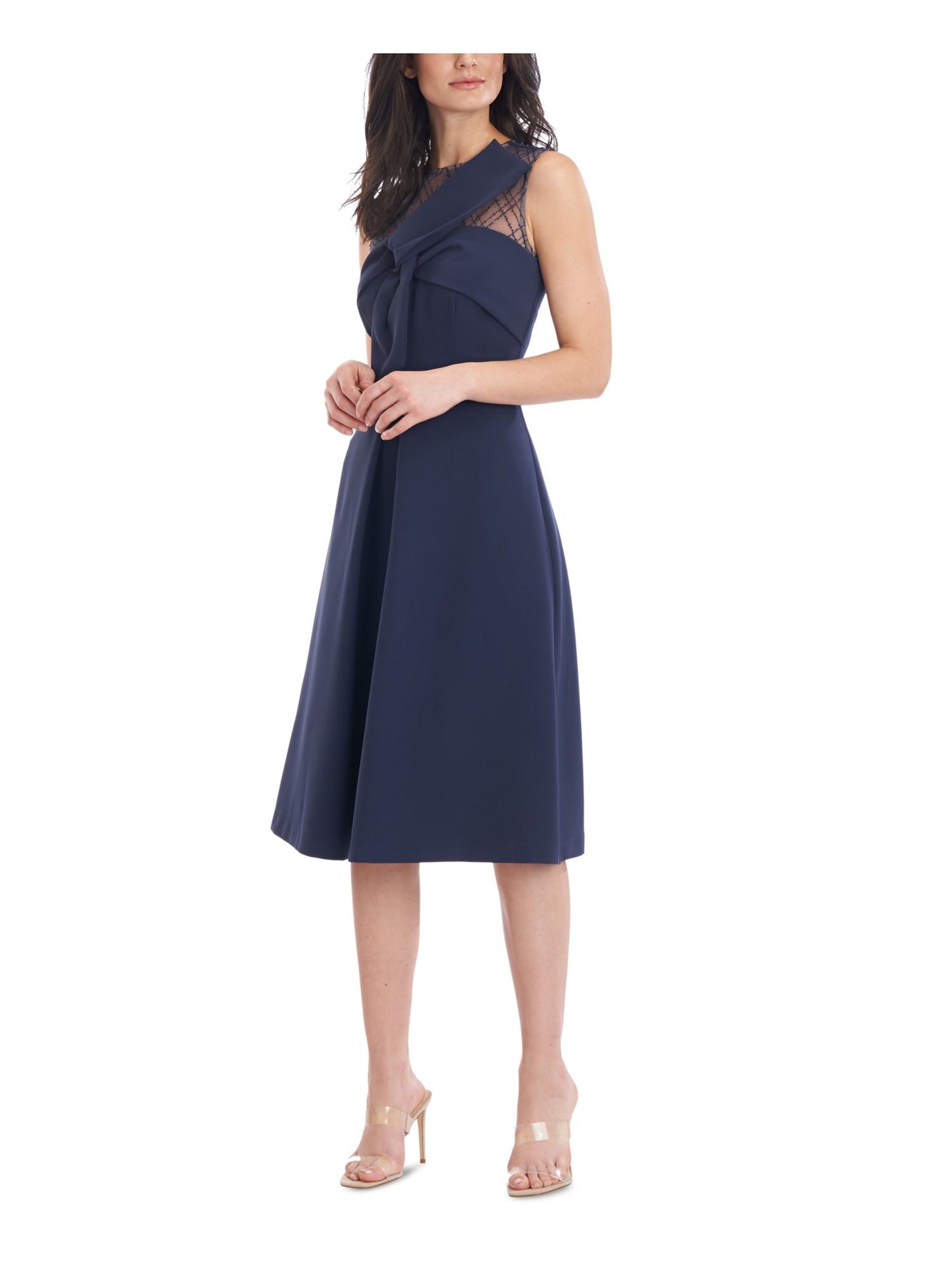 JS COLLECTIONS Womens Navy Zippered Sequined Lined Sleeveless Illusion Neckline Below The Knee Party Fit + Flare Dress 14