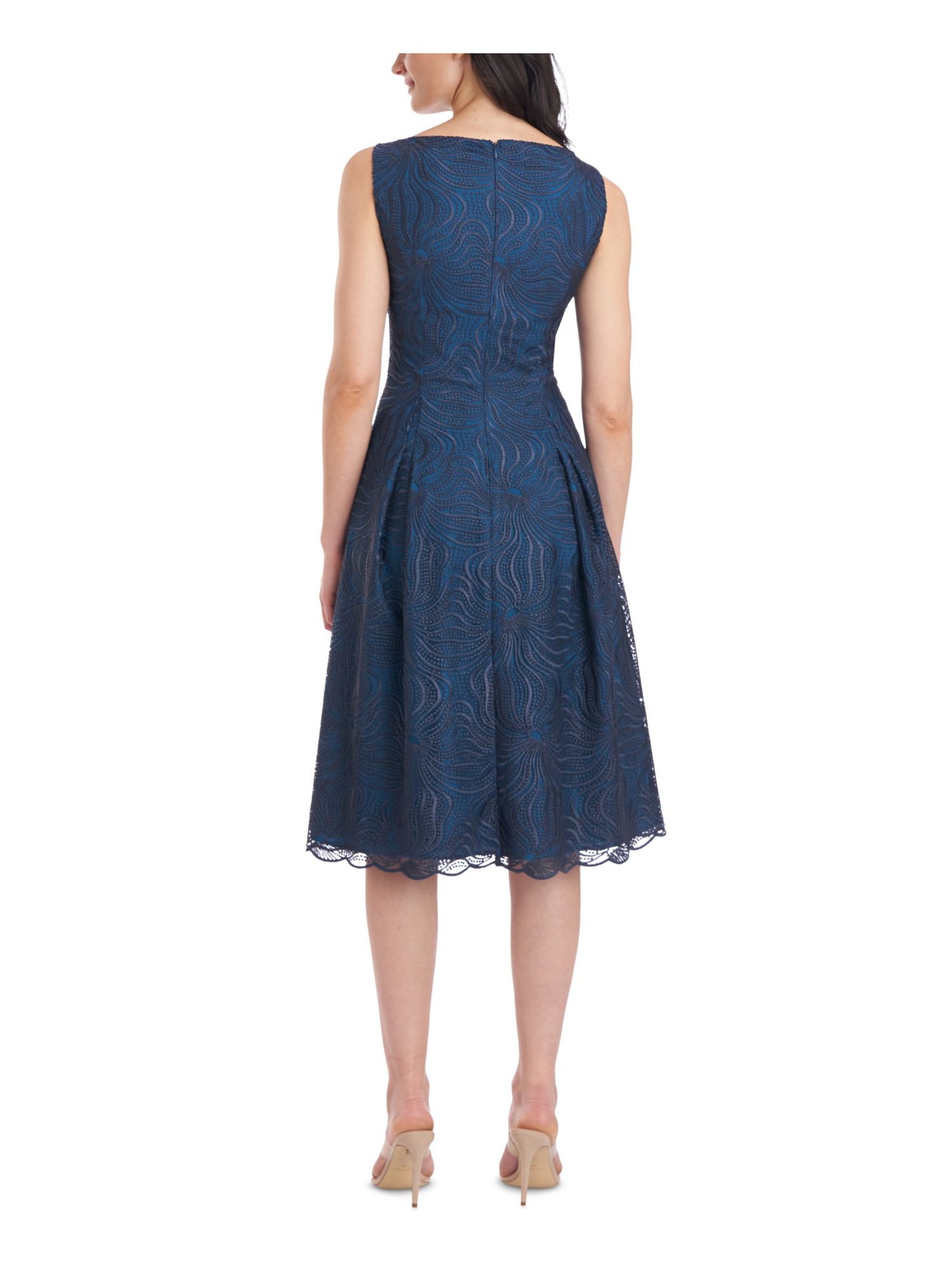 JS COLLECTION Womens Blue Embroidered Zippered Pleated Sleeveless Boat Neck Below The Knee Cocktail Fit + Flare Dress 2