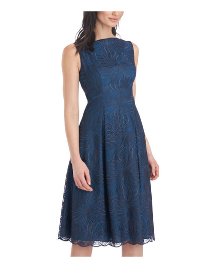 JS COLLECTION Womens Blue Embroidered Zippered Pleated Sleeveless Boat Neck Below The Knee Cocktail Fit + Flare Dress 2