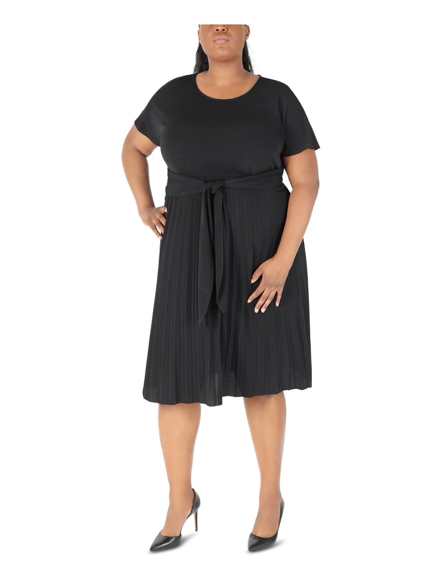 SIGNATURE BY ROBBIE BEE Womens Black Jersey Pleated Tie Pullover Style Unlined Short Sleeve Round Neck Below The Knee Fit + Flare Dress Plus 1X