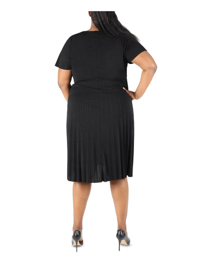 ROBBIE BEE Womens Black Jersey Pleated Tie Pullover Style Unlined Short Sleeve Round Neck Below The Knee Fit + Flare Dress Plus 1X