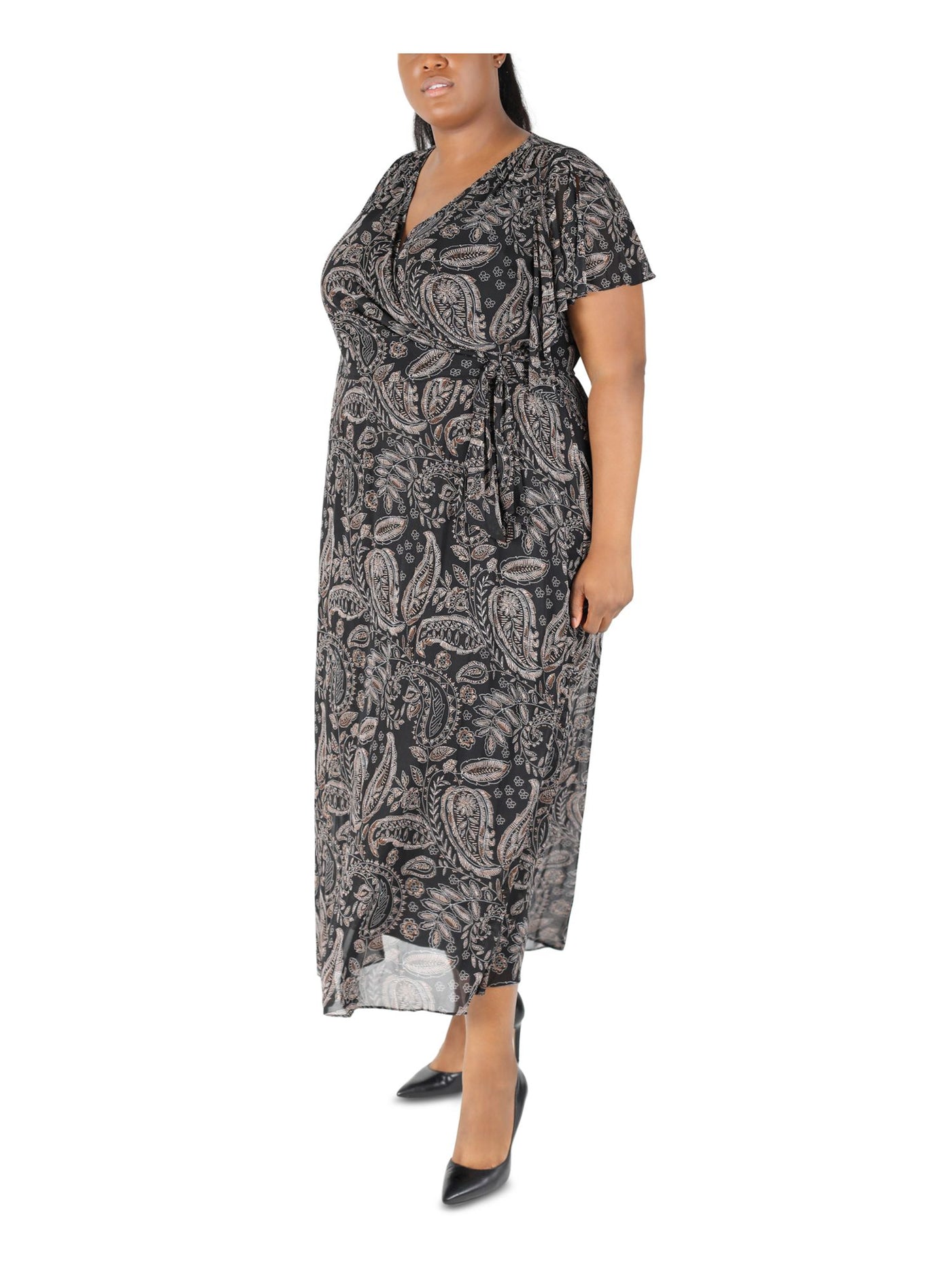 SIGNATURE BY ROBBIE BEE Womens Black Tie Pullover Style Lined Printed Flutter Sleeve Surplice Neckline Maxi Wear To Work Shift Dress Plus 1X