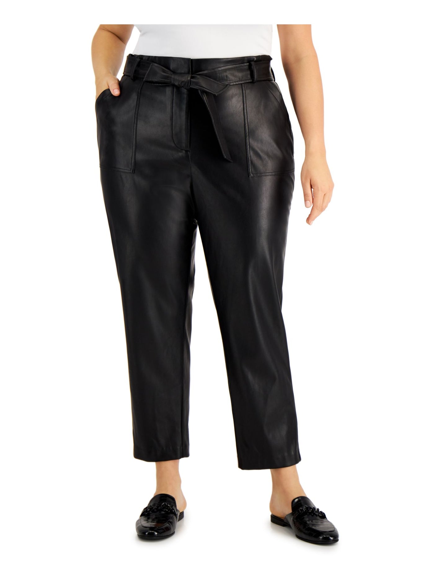 CALVIN KLEIN Womens Black Faux Leather Pocketed Belted Straight Leg Evening High Waist Pants Plus 3X