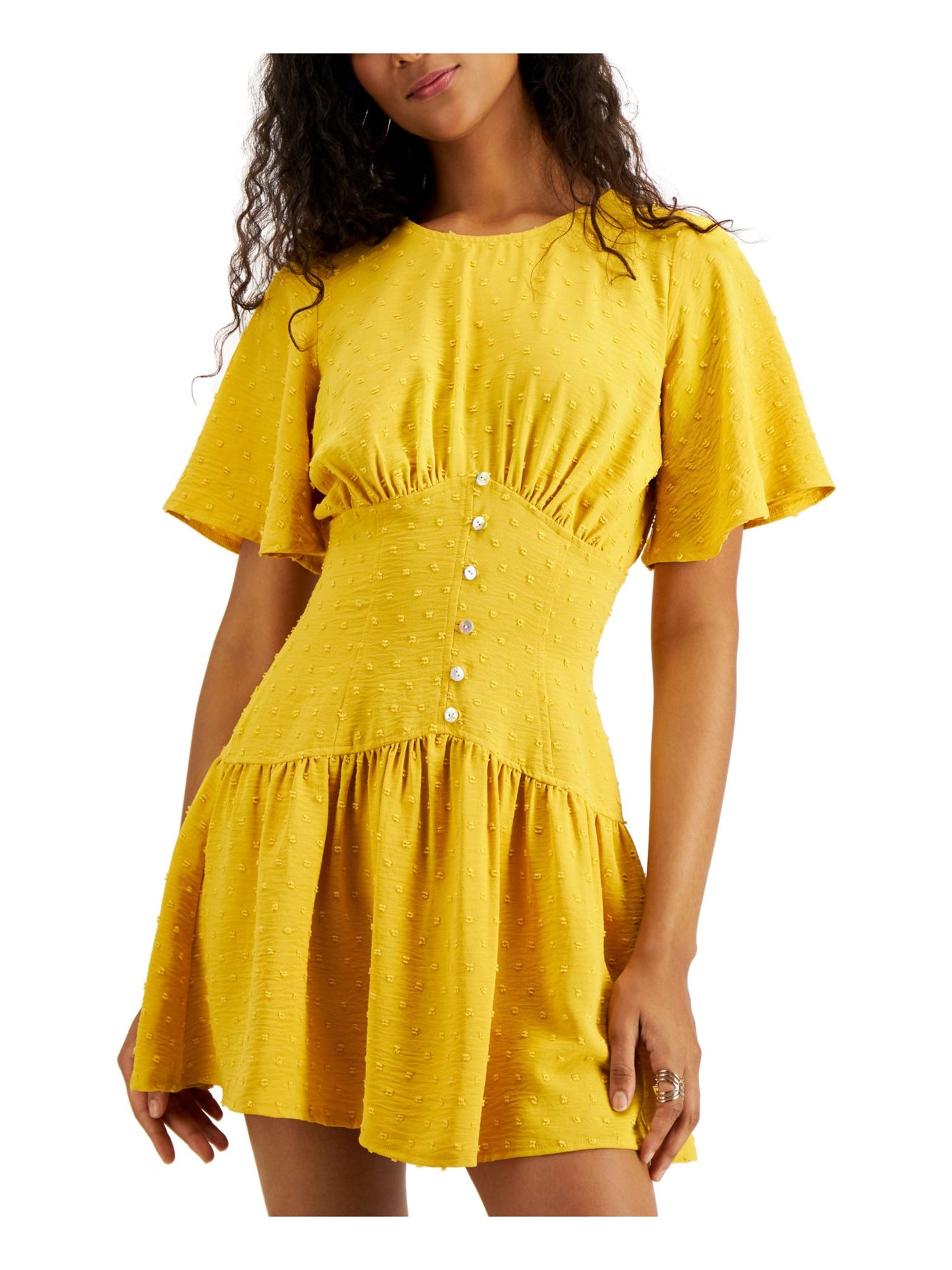LE RUMI Womens Yellow Stretch Zippered Gathered Corset Style Waist Keyhole Back Flutter Sleeve Jewel Neck Mini Fit + Flare Dress M