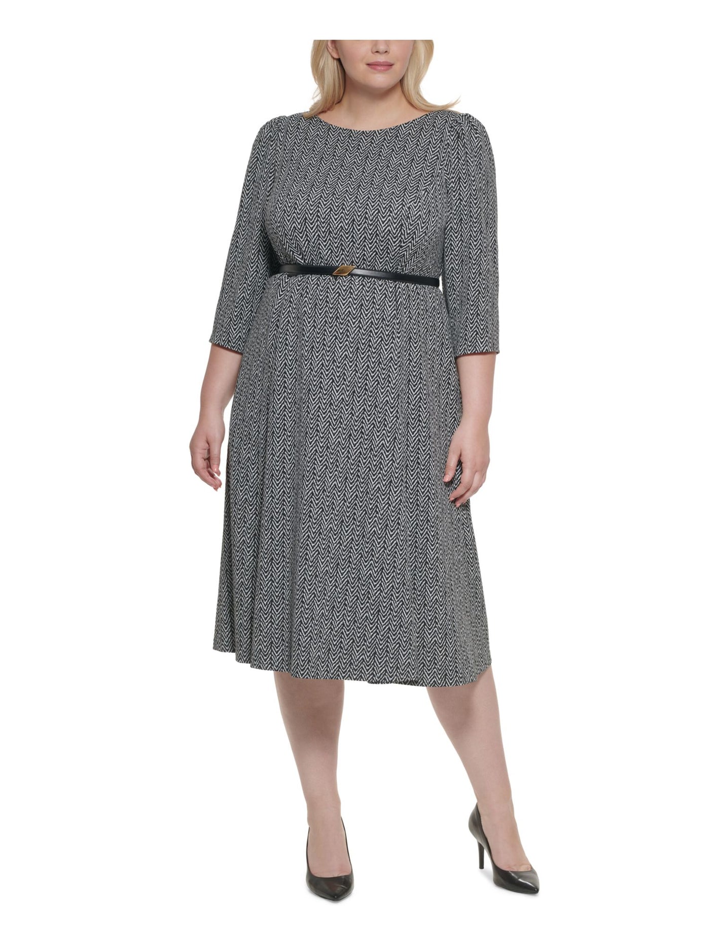 CALVIN KLEIN Womens Black Stretch Zippered Belted Herringbone Pouf Sleeve Round Neck Midi Wear To Work A-Line Dress Plus 18W