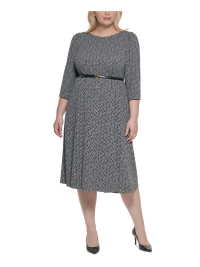 CALVIN KLEIN Womens Black Stretch Zippered Belted Herringbone Pouf Sleeve Round Neck Midi Wear To Work A-Line Dress Plus 18W