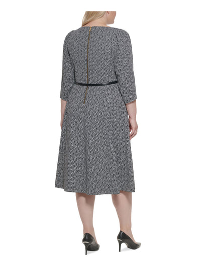 CALVIN KLEIN Womens Black Stretch Zippered Belted Herringbone Pouf Sleeve Round Neck Midi Wear To Work A-Line Dress Plus 18W
